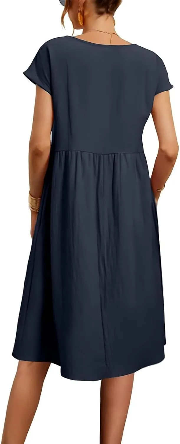 Cotton Linen Dress Womens Casual Summer Cap Sleeve Midi Dress A Line Flowy Knee Length T Shirt Dress with Pockets