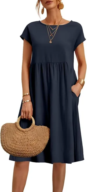 Cotton Linen Dress Womens Casual Summer Cap Sleeve Midi Dress A Line Flowy Knee Length T Shirt Dress with Pockets