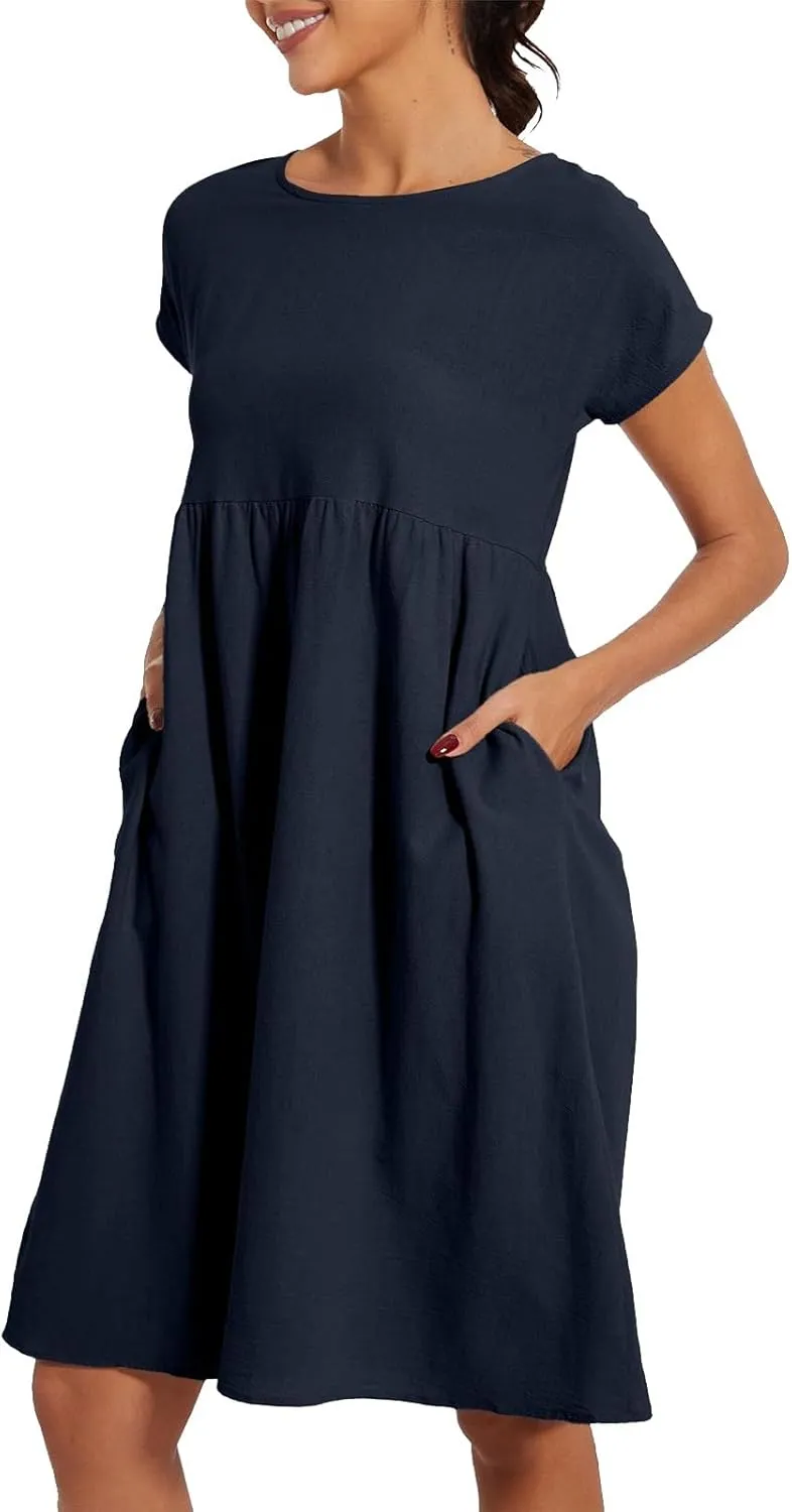 Cotton Linen Dress Womens Casual Summer Cap Sleeve Midi Dress A Line Flowy Knee Length T Shirt Dress with Pockets