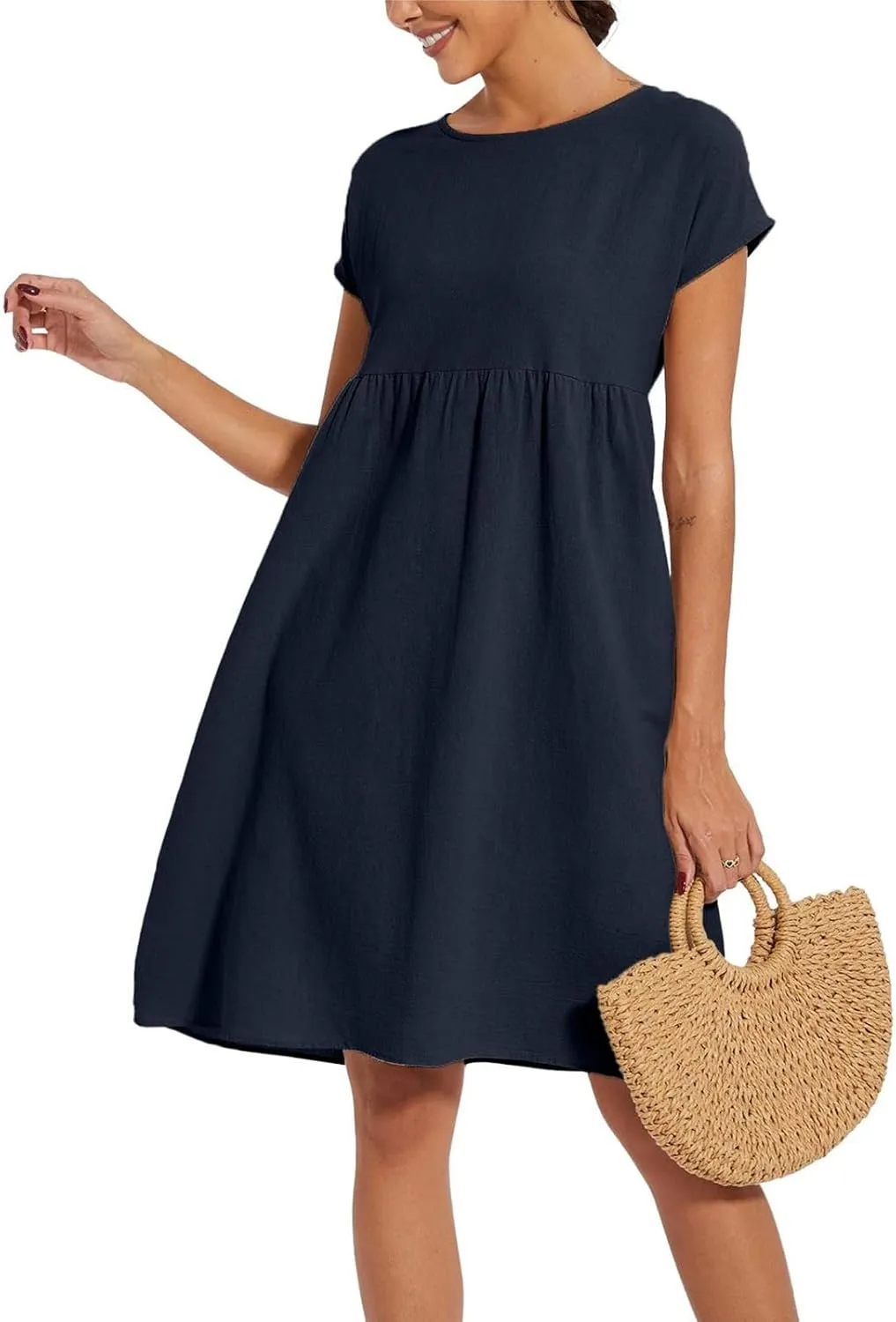 Cotton Linen Dress Womens Casual Summer Cap Sleeve Midi Dress A Line Flowy Knee Length T Shirt Dress with Pockets