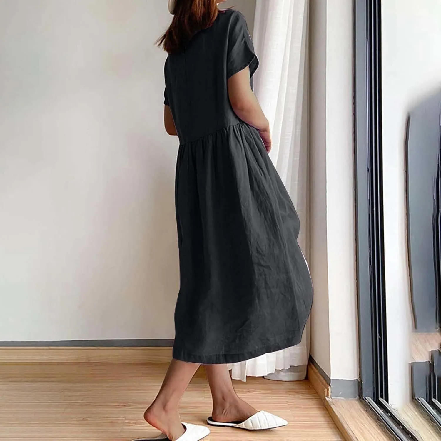 Cotton Linen Dresses for Women 2025 Short Sleeve Midi Beach Dress Flowy Summer Dresses Vacation Shirt Dress with Pocket