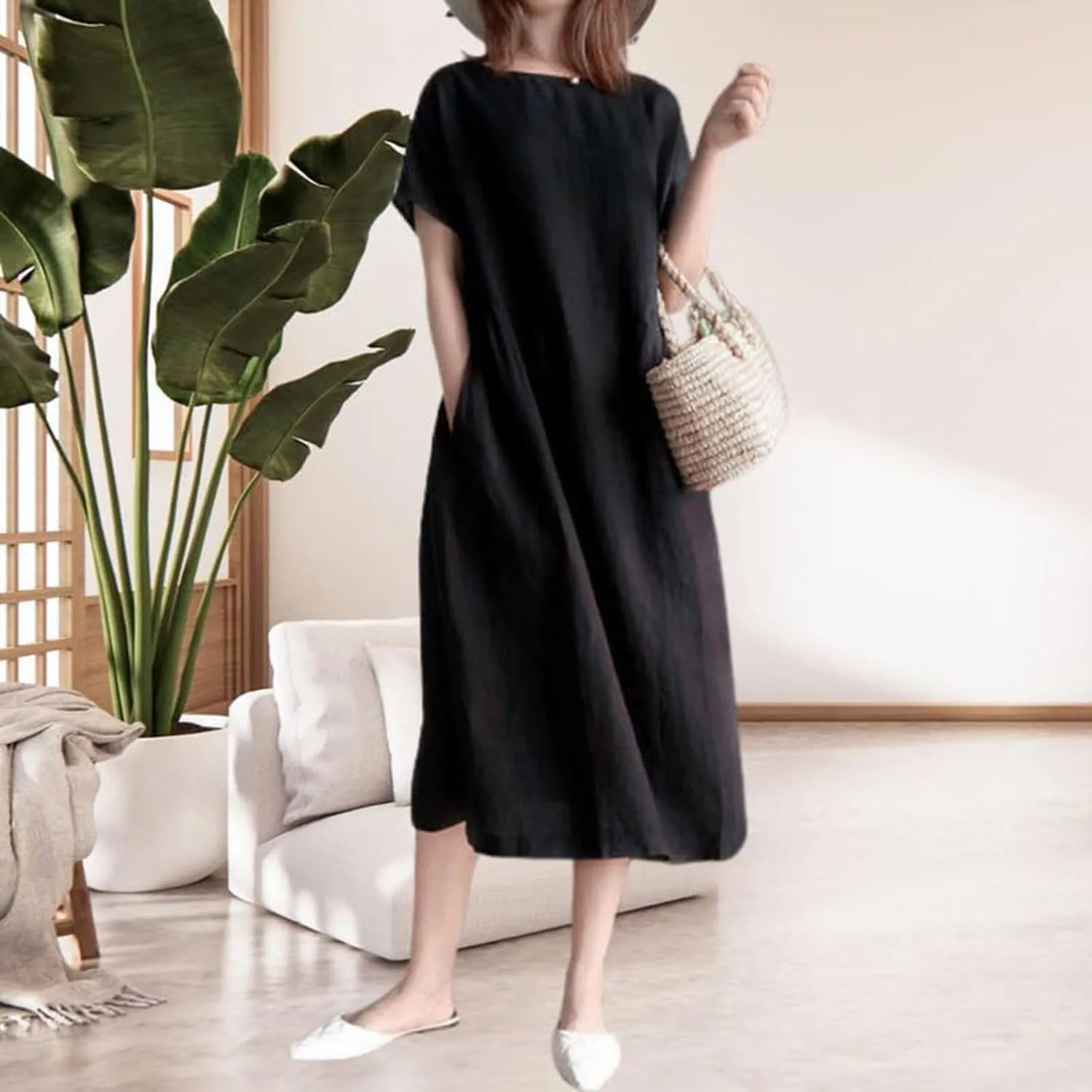 Cotton Linen Dresses for Women 2025 Short Sleeve Midi Beach Dress Flowy Summer Dresses Vacation Shirt Dress with Pocket