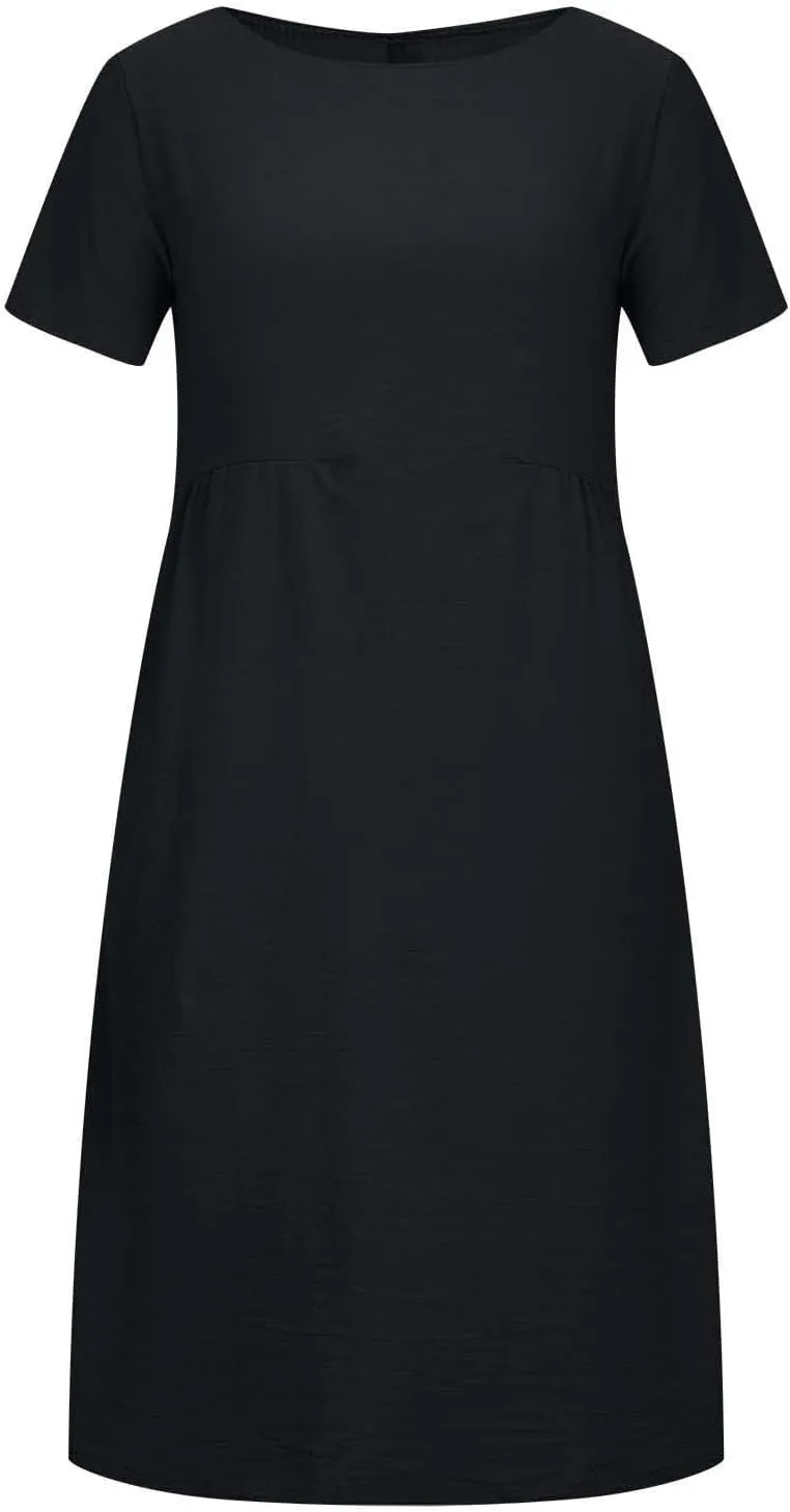 Cotton Linen Dresses for Women 2025 Short Sleeve Midi Beach Dress Flowy Summer Dresses Vacation Shirt Dress with Pocket