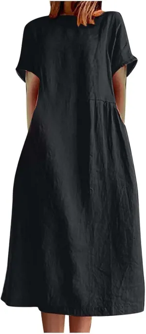 Cotton Linen Dresses for Women 2025 Short Sleeve Midi Beach Dress Flowy Summer Dresses Vacation Shirt Dress with Pocket