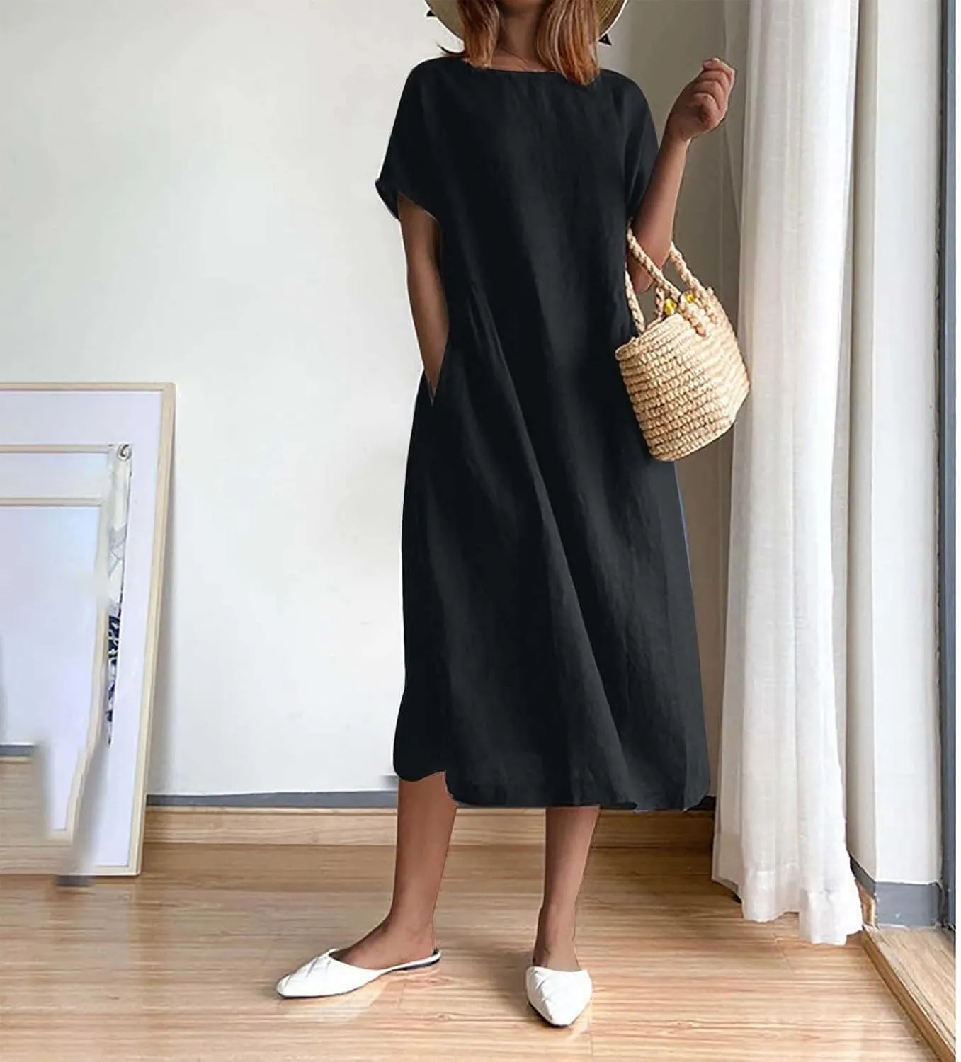 Cotton Linen Dresses for Women 2025 Short Sleeve Midi Beach Dress Flowy Summer Dresses Vacation Shirt Dress with Pocket