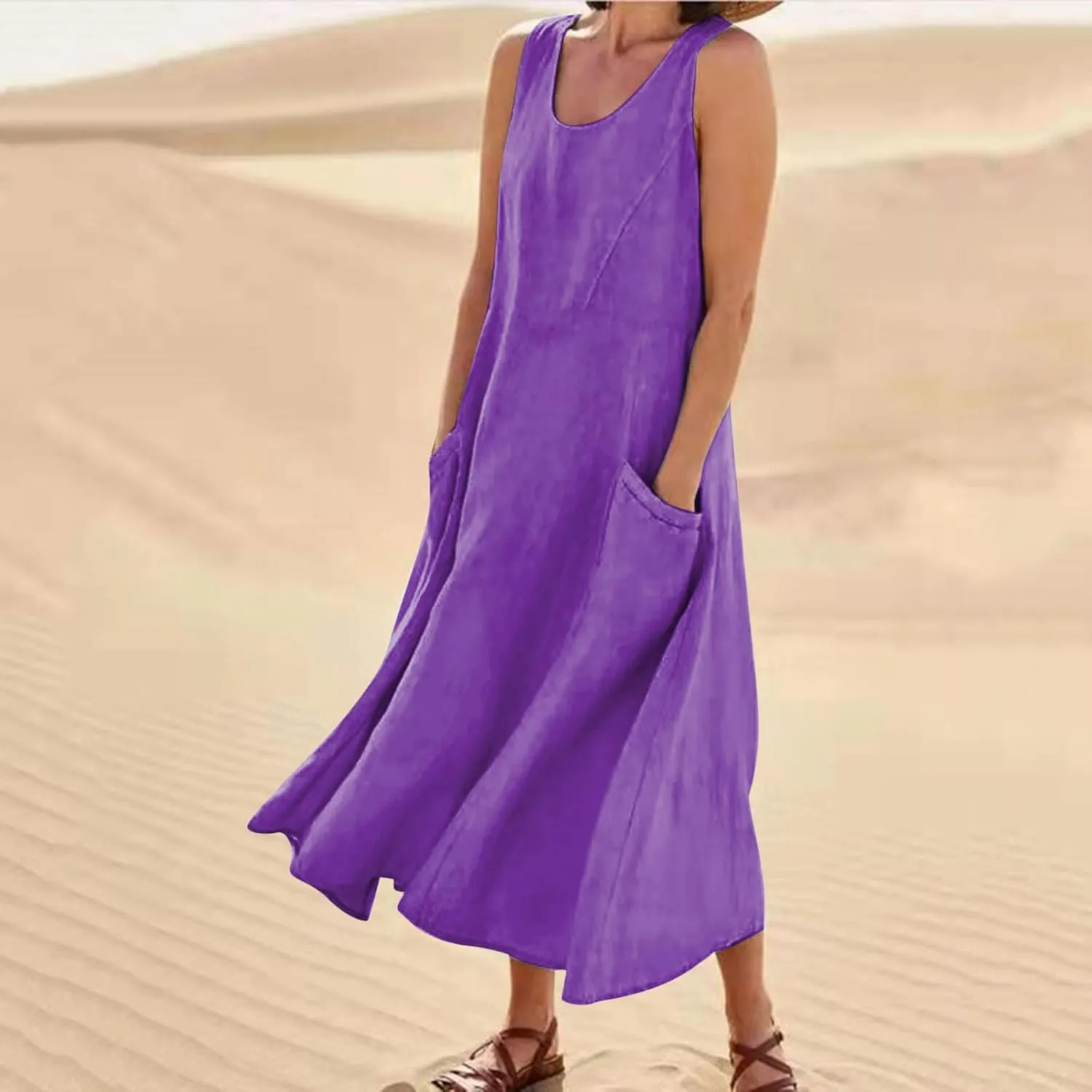 Cotton Linen Maxi Dress for Women 2025 Summer Boho Casual Beach Dresses Sleeveless Solid Long Dress Vacation Outfits