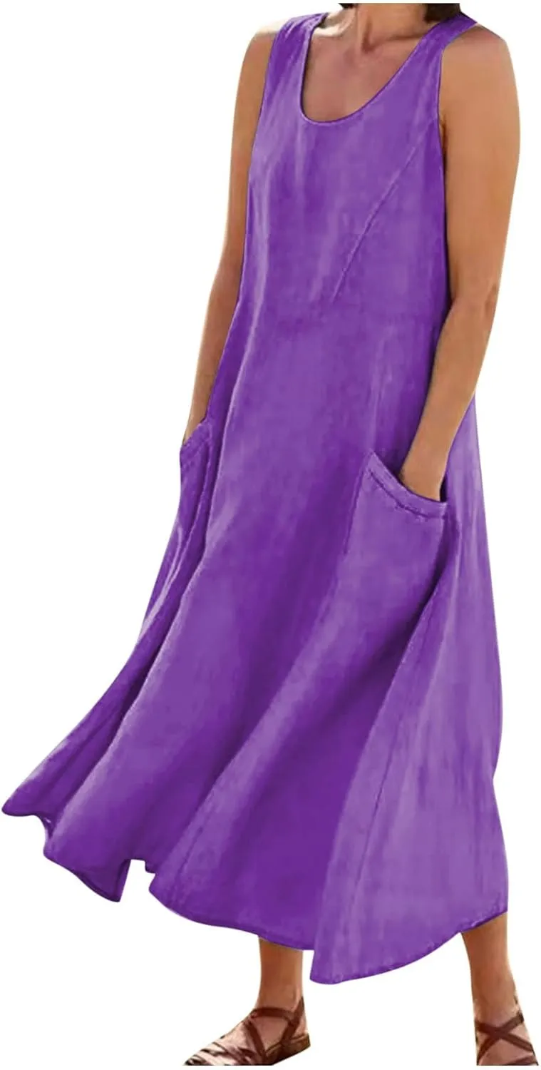 Cotton Linen Maxi Dress for Women 2025 Summer Boho Casual Beach Dresses Sleeveless Solid Long Dress Vacation Outfits