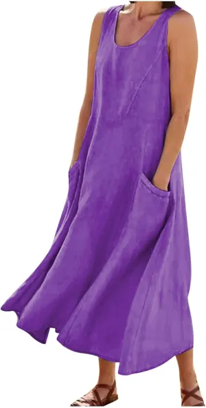 Cotton Linen Maxi Dress for Women 2025 Summer Boho Casual Beach Dresses Sleeveless Solid Long Dress Vacation Outfits