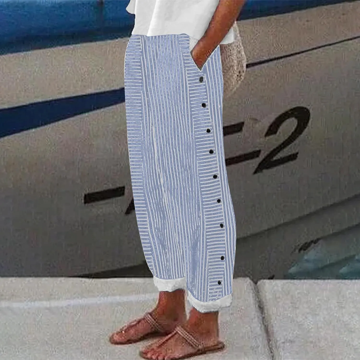 Cotton Linen Pants Women Casual Pant Lightweight Summer Elastic Waist Plus Size Lounge Long Trousers
