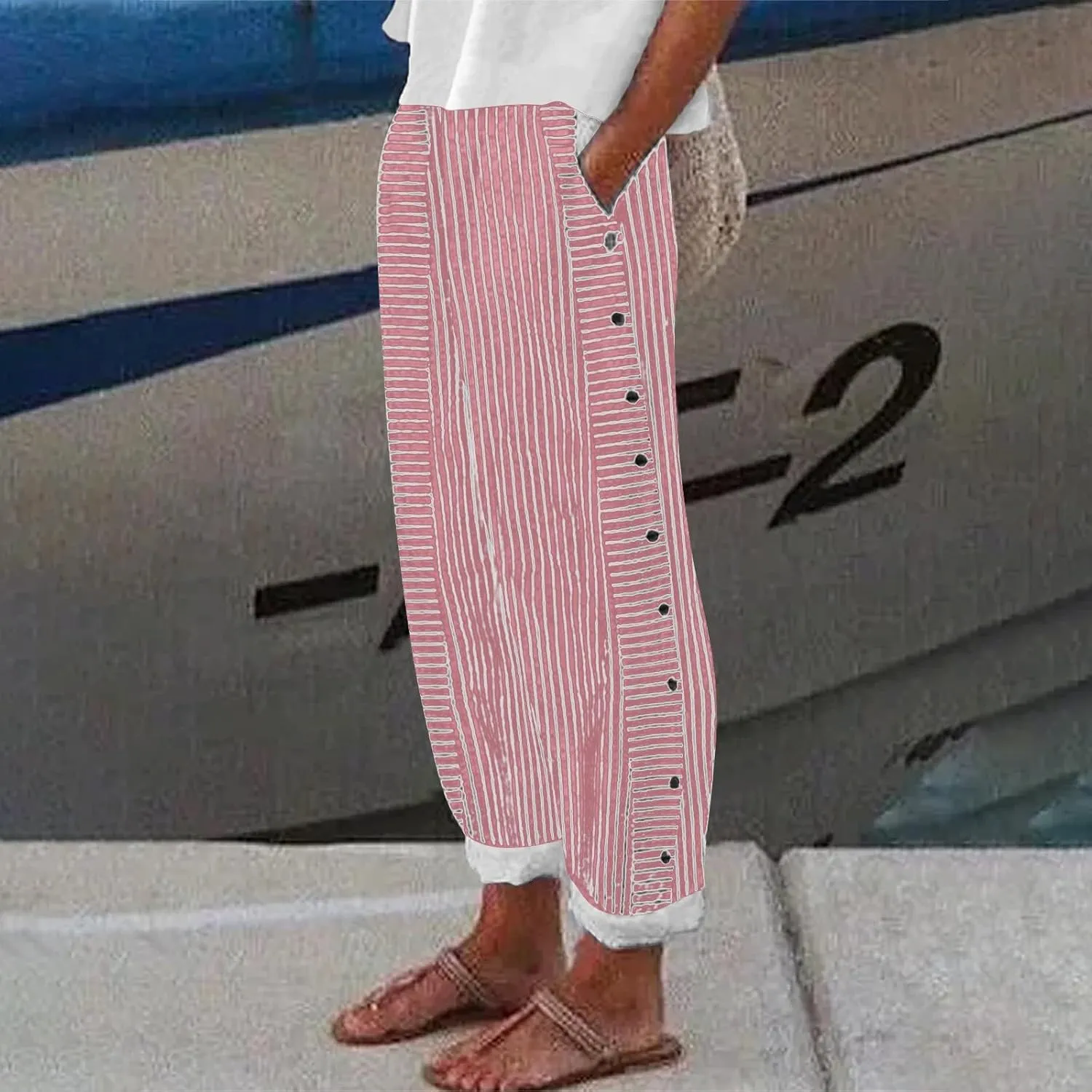 Cotton Linen Pants Women Casual Pant Lightweight Summer Elastic Waist Plus Size Lounge Long Trousers
