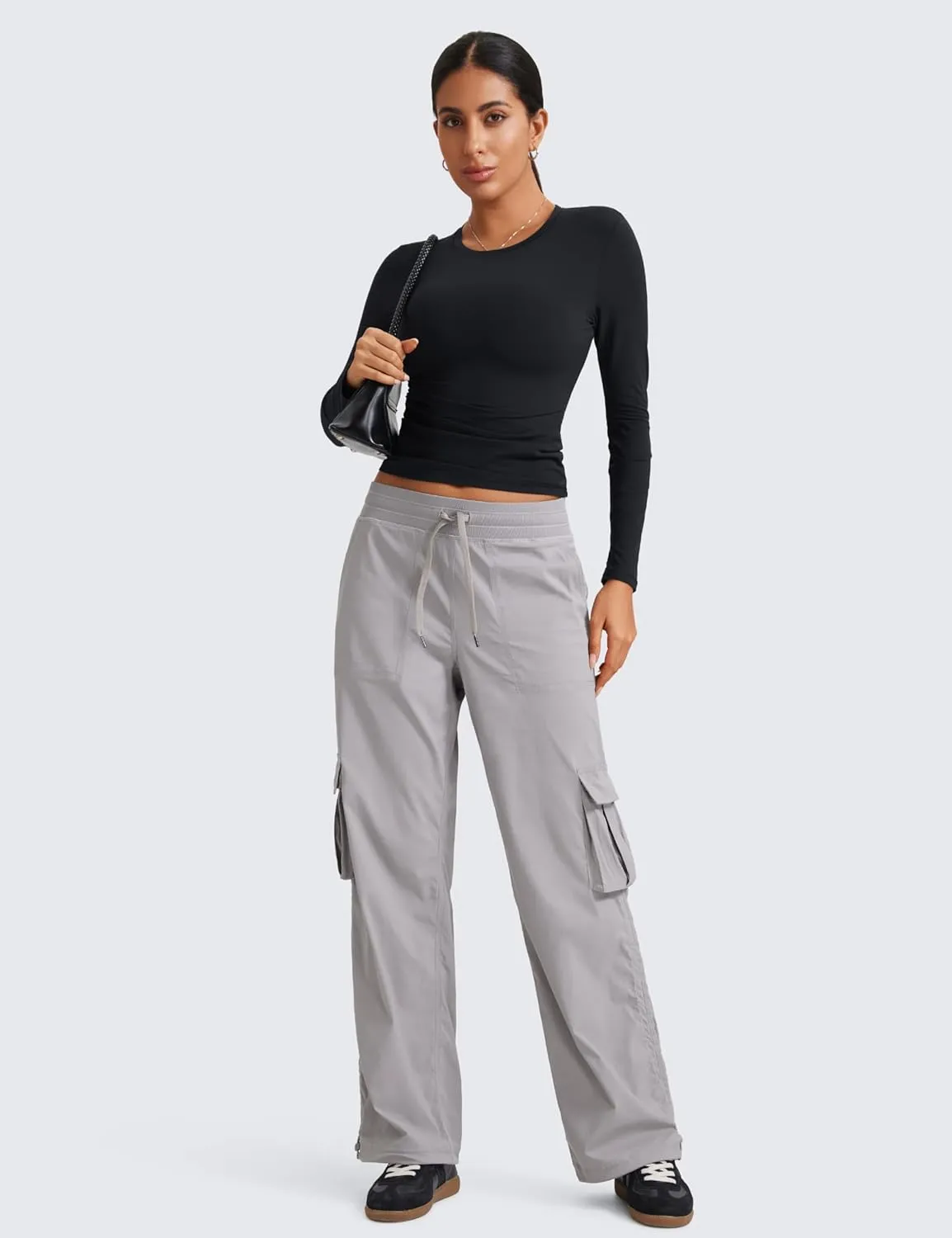 CRZ YOGA Lightweight Casual Cargo Pants for Women 30" Adjustable Ruched Straight Leg Travel Workout Athletic Hiking Joggers