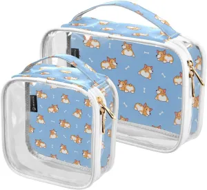 Cute-corgis-pattern 2 Pack Clear Toiletry Bag Women Men, Portable Waterproof Clear Pouch, Cosmetic Bag with Double Zippers Large Opening Traveling with Handle for Bathroom Traveling Vacation Organizin