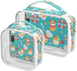 Cute Dog Pattern 2 Pack Clear Toiletry Bag Women Men, Portable Waterproof Clear Pouch, Cosmetic Bag with Double Zippers Large Opening Traveling with Handle for Bathroom Traveling Vacation Organizing