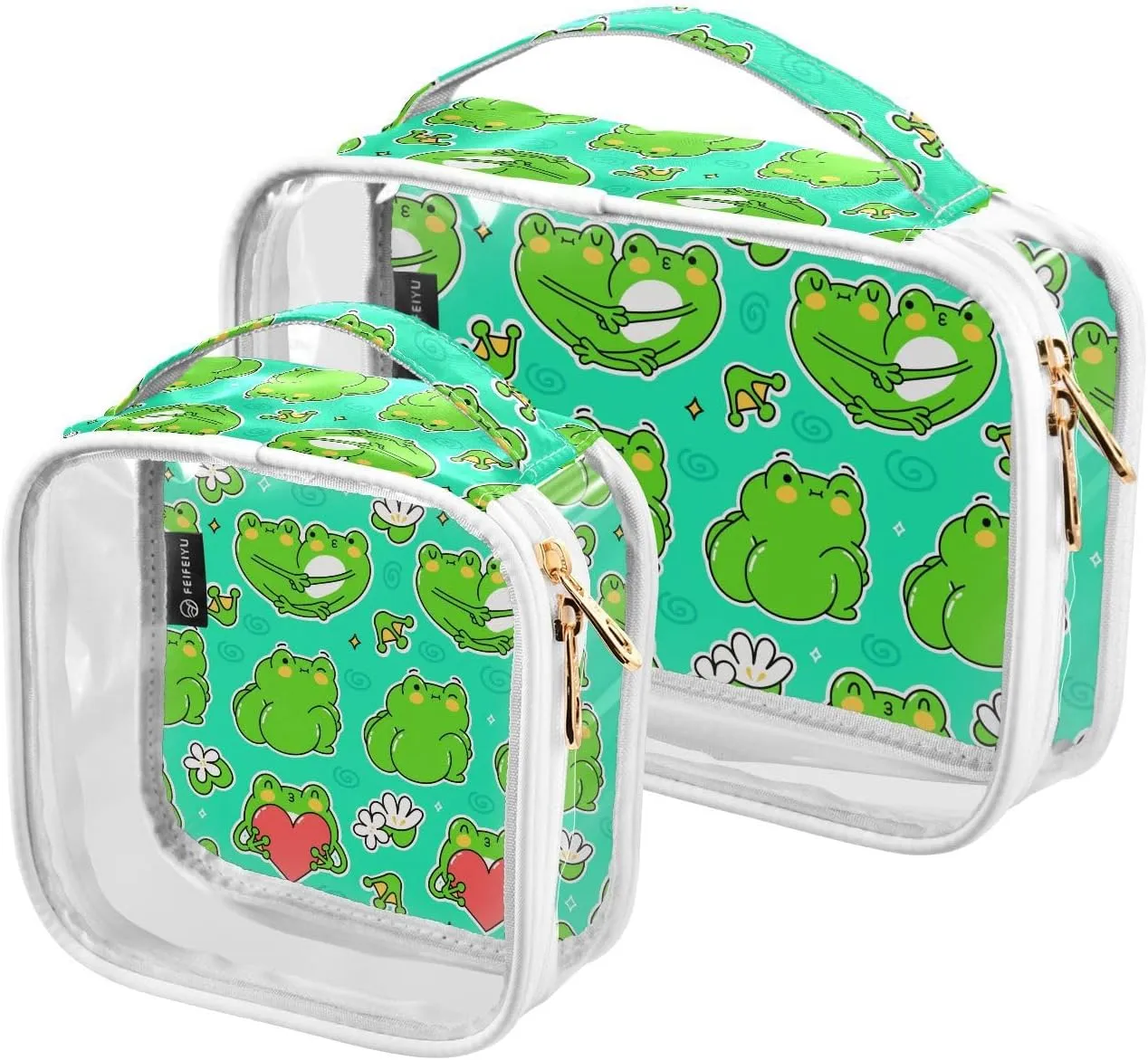 Cute-funny-green-frogs-pattern 2 Pack Clear Toiletry Bag Women Men, Portable Waterproof Clear Pouch, Cosmetic Bag with Double Zippers Large Opening Traveling with Handle for Bathroom Traveling Vacatio