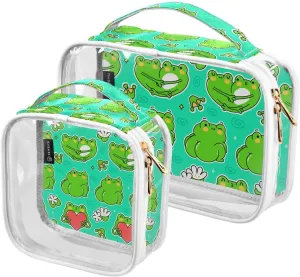 Cute-funny-green-frogs-pattern 2 Pack Clear Toiletry Bag Women Men, Portable Waterproof Clear Pouch, Cosmetic Bag with Double Zippers Large Opening Traveling with Handle for Bathroom Traveling Vacatio