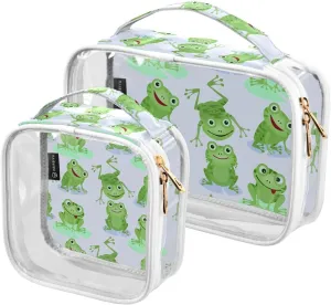 Cute-green-frogs Pattern 2 Pack Clear Toiletry Bag Women Men, Portable Waterproof Clear Pouch, Cosmetic Bag with Double Zippers Large Opening Traveling with Handle for Bathroom Traveling Vacation Orga
