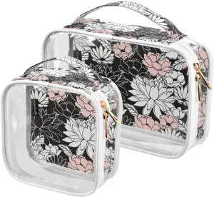 Dark-floral-background 2 Pack Clear Toiletry Bag Women Men, Portable Waterproof Clear Pouch, Cosmetic Bag with Double Zippers Large Opening Traveling with Handle for Bathroom Traveling Vacation Organi