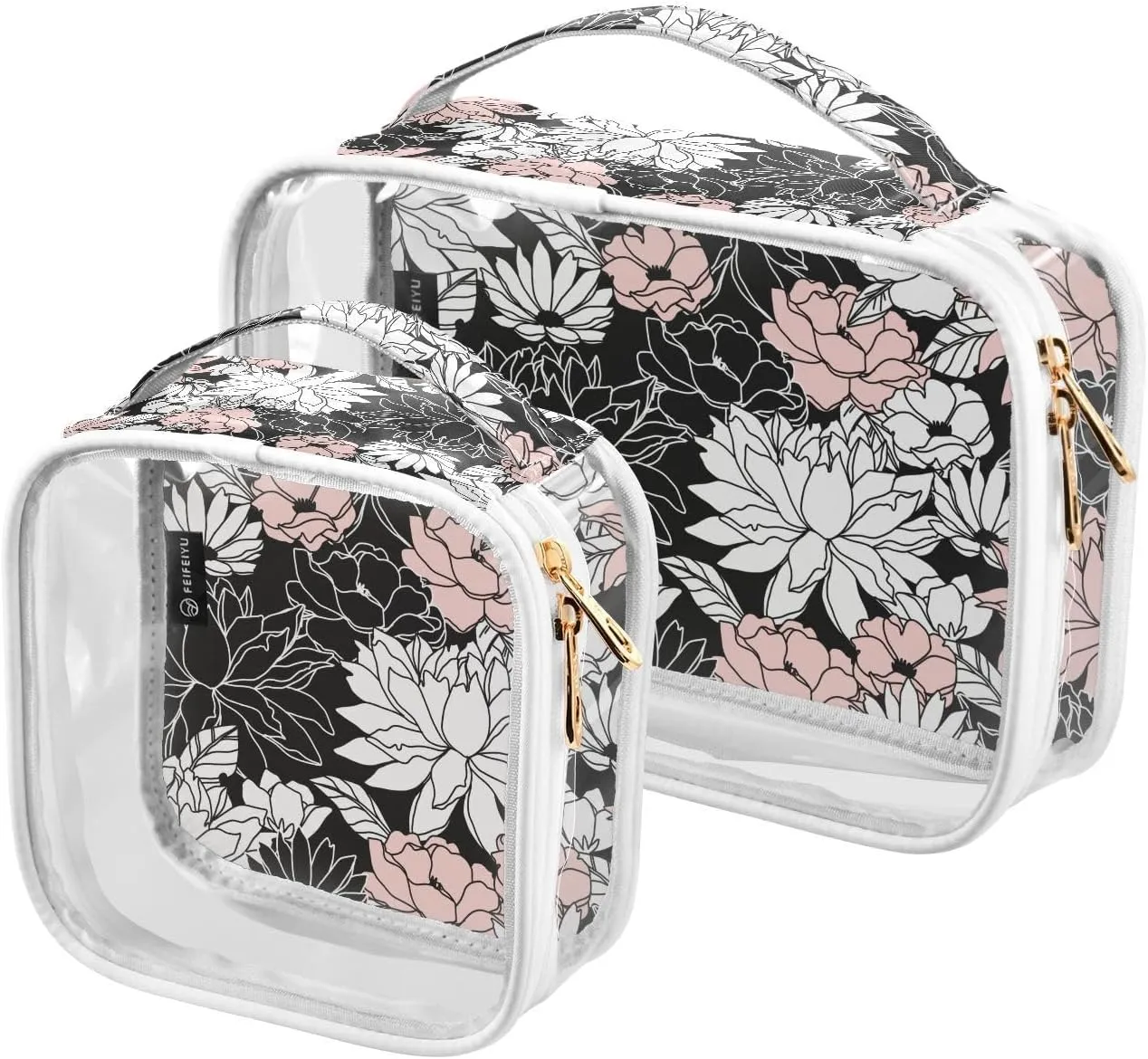 Dark-floral-background 2 Pack Clear Toiletry Bag Women Men, Portable Waterproof Clear Pouch, Cosmetic Bag with Double Zippers Large Opening Traveling with Handle for Bathroom Traveling Vacation Organi