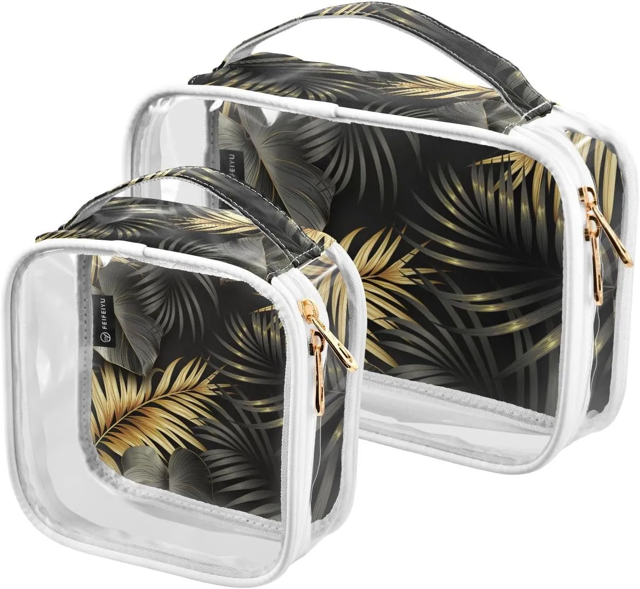Dark-golden-print 2 Pack Clear Toiletry Bag Women Men, Portable Waterproof Clear Pouch, Cosmetic Bag with Double Zippers Large Opening Traveling with Handle for Bathroom Traveling Vacation Organizing