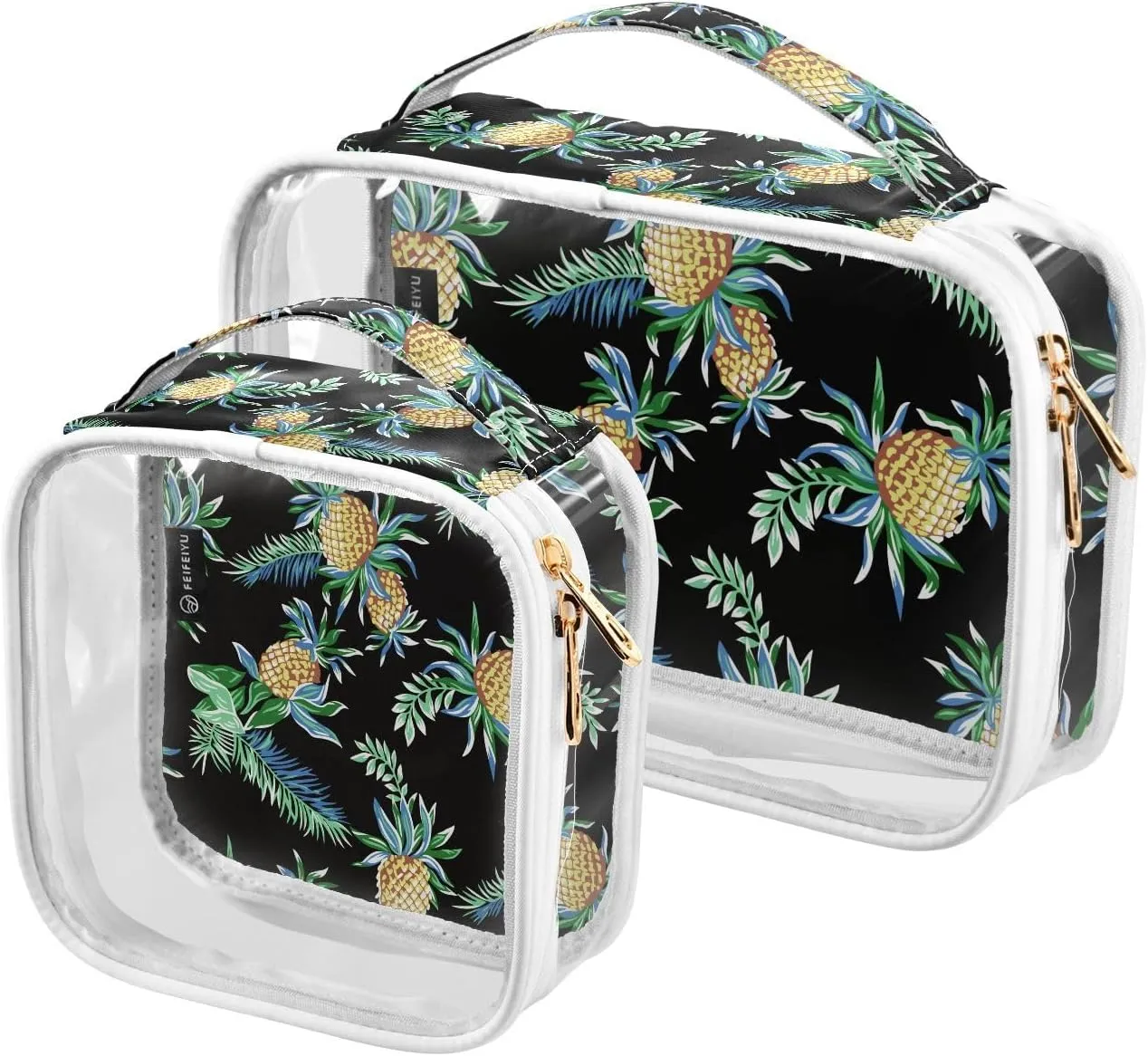 Dark-pineapple-pattern 2 Pack Clear Toiletry Bag Women Men, Portable Waterproof Clear Pouch, Cosmetic Bag with Double Zippers Large Opening Traveling with Handle for Bathroom Traveling Vacation Organi