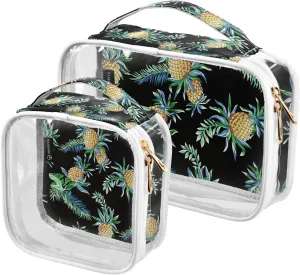 Dark-pineapple-pattern 2 Pack Clear Toiletry Bag Women Men, Portable Waterproof Clear Pouch, Cosmetic Bag with Double Zippers Large Opening Traveling with Handle for Bathroom Traveling Vacation Organi