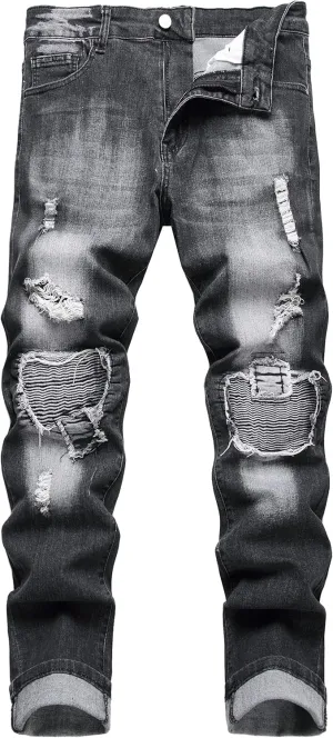 Denim Jeans for Men Slim Fit Ripped Stretch Skinny Distressed Stacked Straight Leg Moto Biker Pants