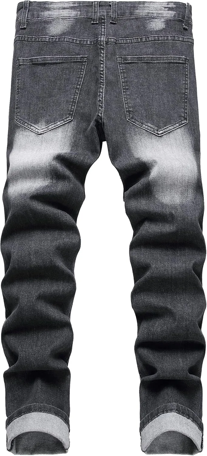Denim Jeans for Men Slim Fit Ripped Stretch Skinny Distressed Stacked Straight Leg Moto Biker Pants