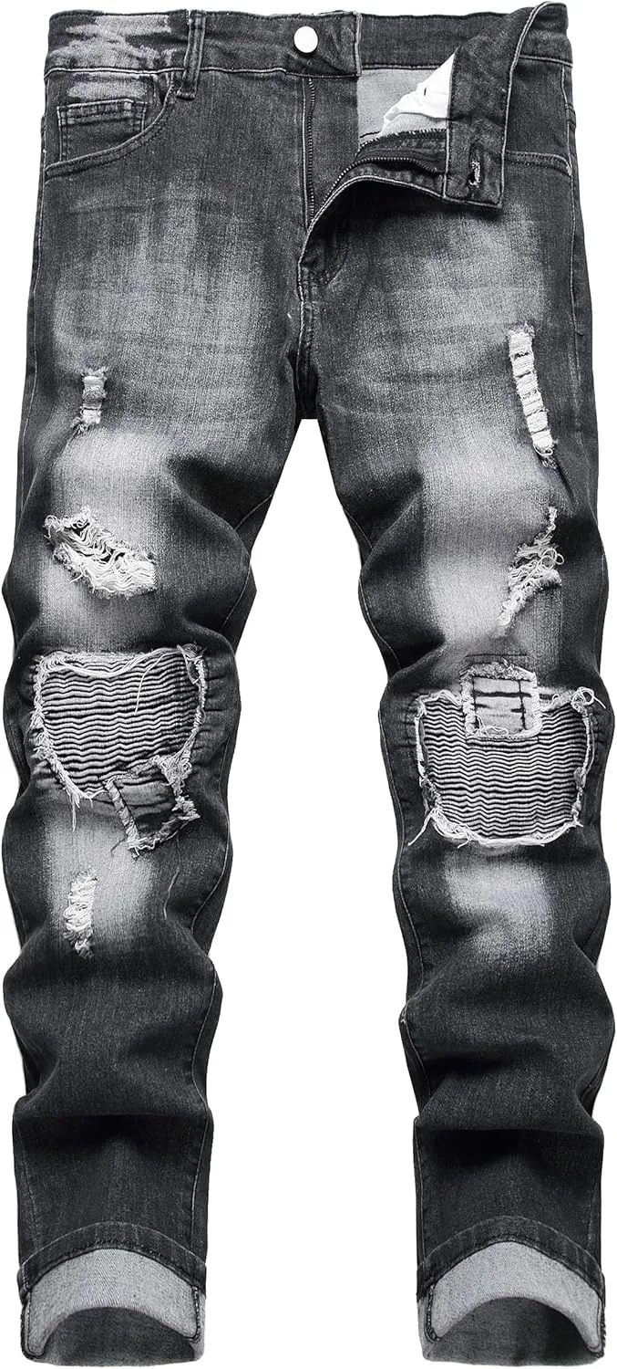 Denim Jeans for Men Slim Fit Ripped Stretch Skinny Distressed Stacked Straight Leg Moto Biker Pants