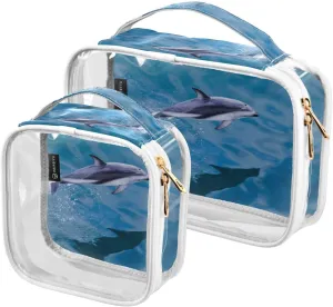 Dolphin-jumping Print 2 Pack Clear Toiletry Bag Women Men, Portable Waterproof Clear Pouch, Cosmetic Bag with Double Zippers Large Opening Traveling with Handle for Bathroom Traveling Vacation Organiz