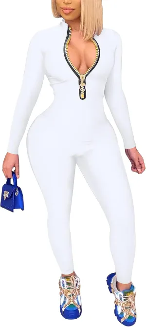 ECHOINE Sexy Jumpsuits for Women Long Sleeve V Neck Zipper Casual One Piece Rompers Bodycon Outfits