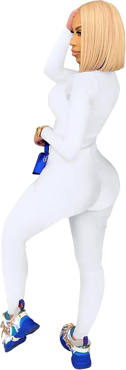 ECHOINE Sexy Jumpsuits for Women Long Sleeve V Neck Zipper Casual One Piece Rompers Bodycon Outfits