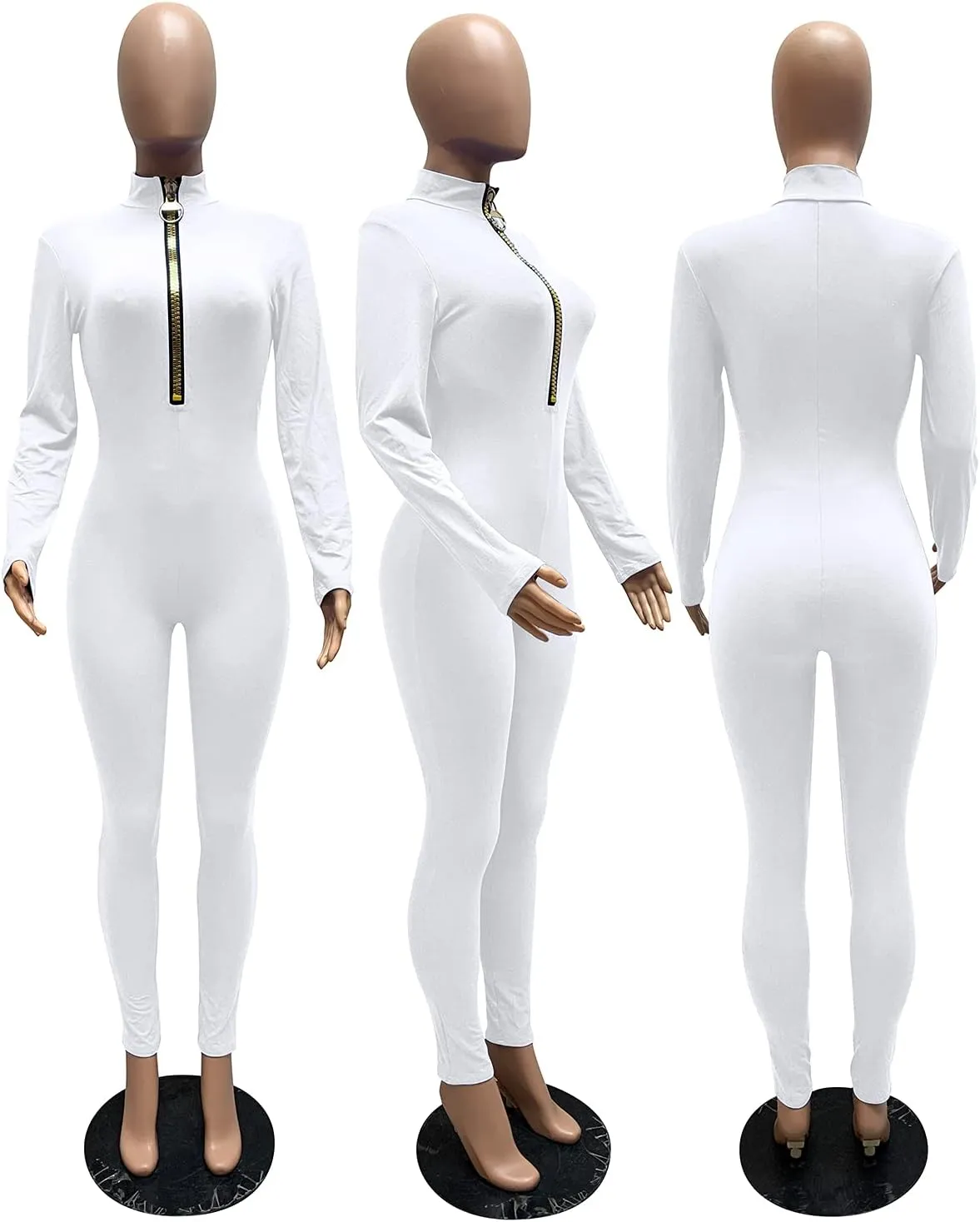 ECHOINE Sexy Jumpsuits for Women Long Sleeve V Neck Zipper Casual One Piece Rompers Bodycon Outfits
