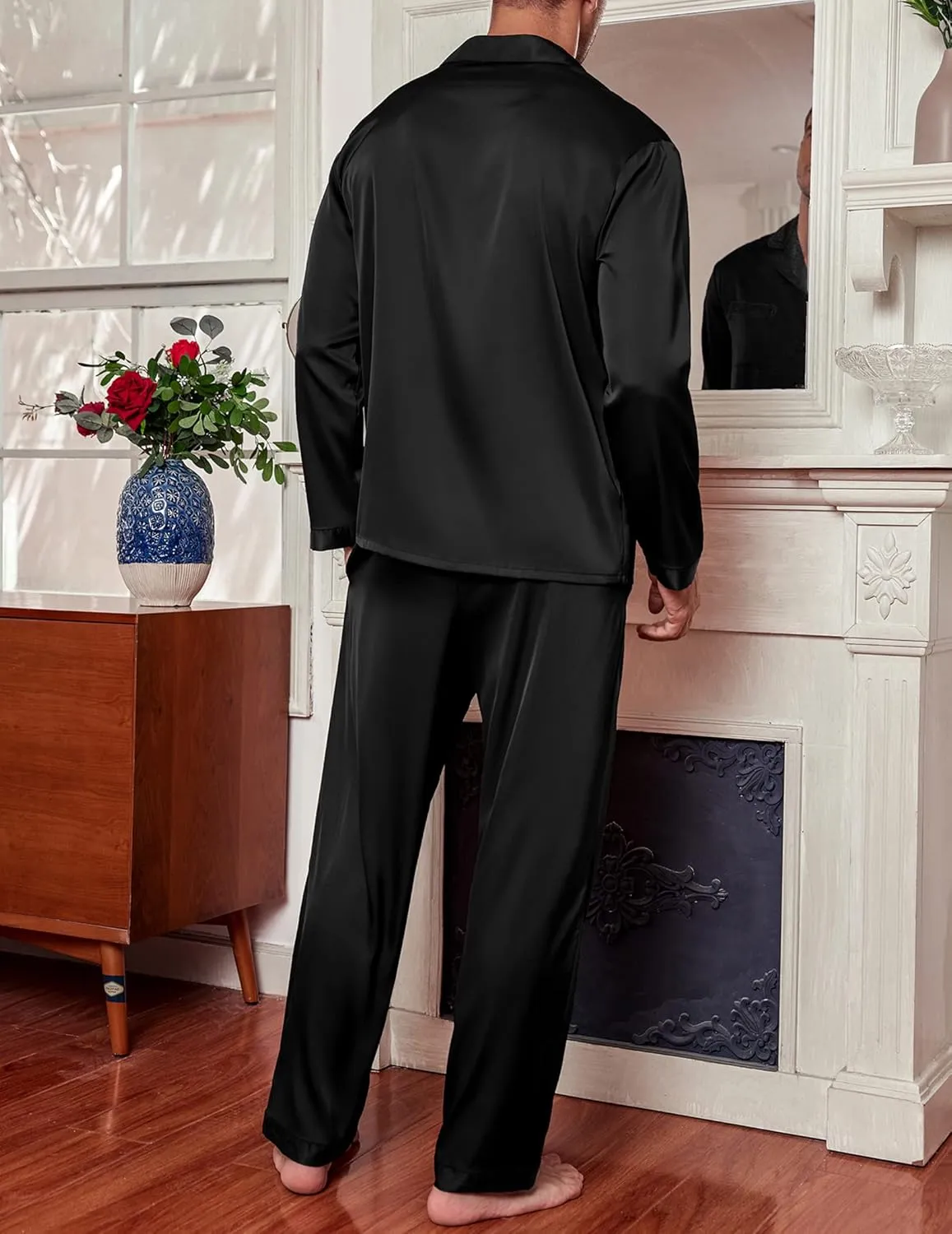 Ekouaer Men's Silk Pajama Set Long Satin Loungewear 2 Piece Pjs Classic Button Down Sleepwear S-XXL