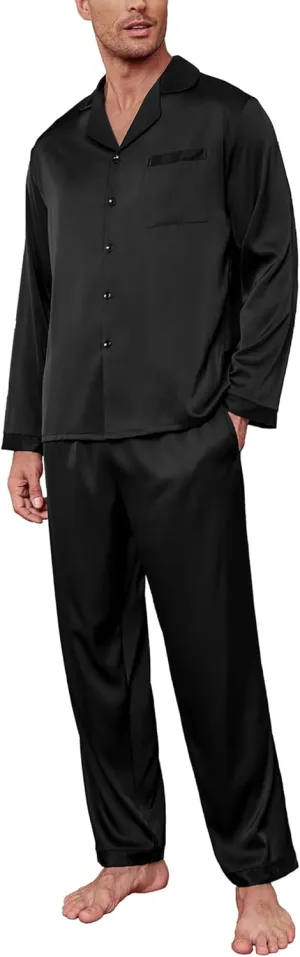 Ekouaer Men's Silk Pajama Set Long Satin Loungewear 2 Piece Pjs Classic Button Down Sleepwear S-XXL