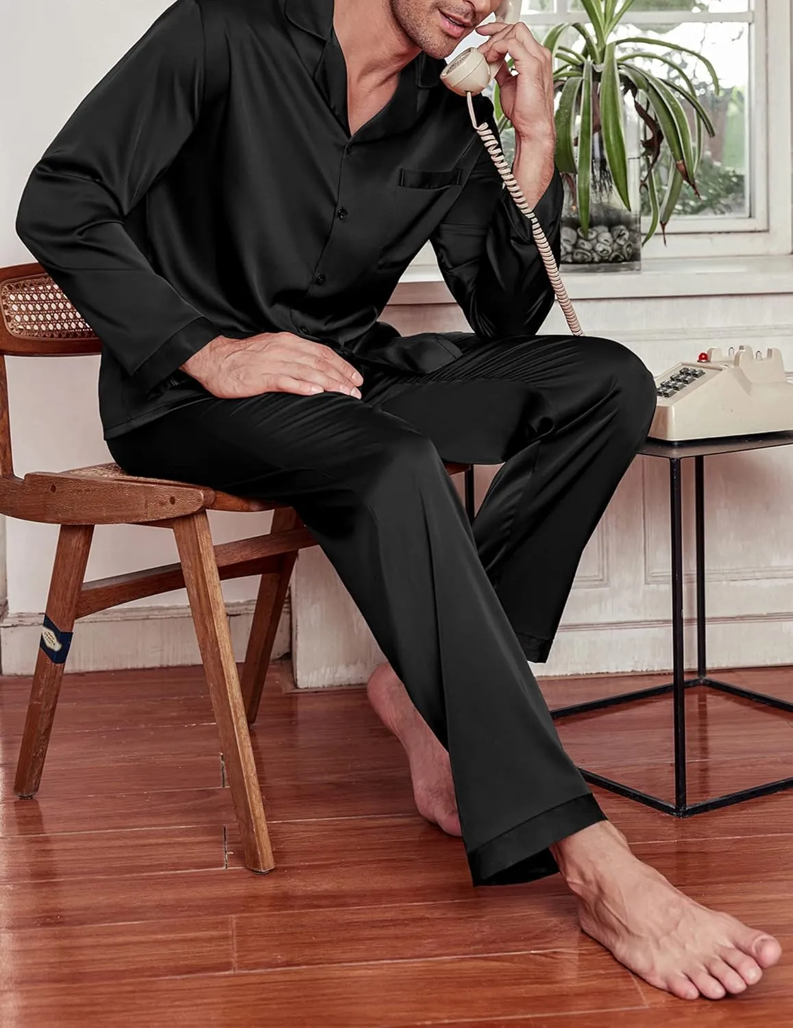 Ekouaer Men's Silk Pajama Set Long Satin Loungewear 2 Piece Pjs Classic Button Down Sleepwear S-XXL