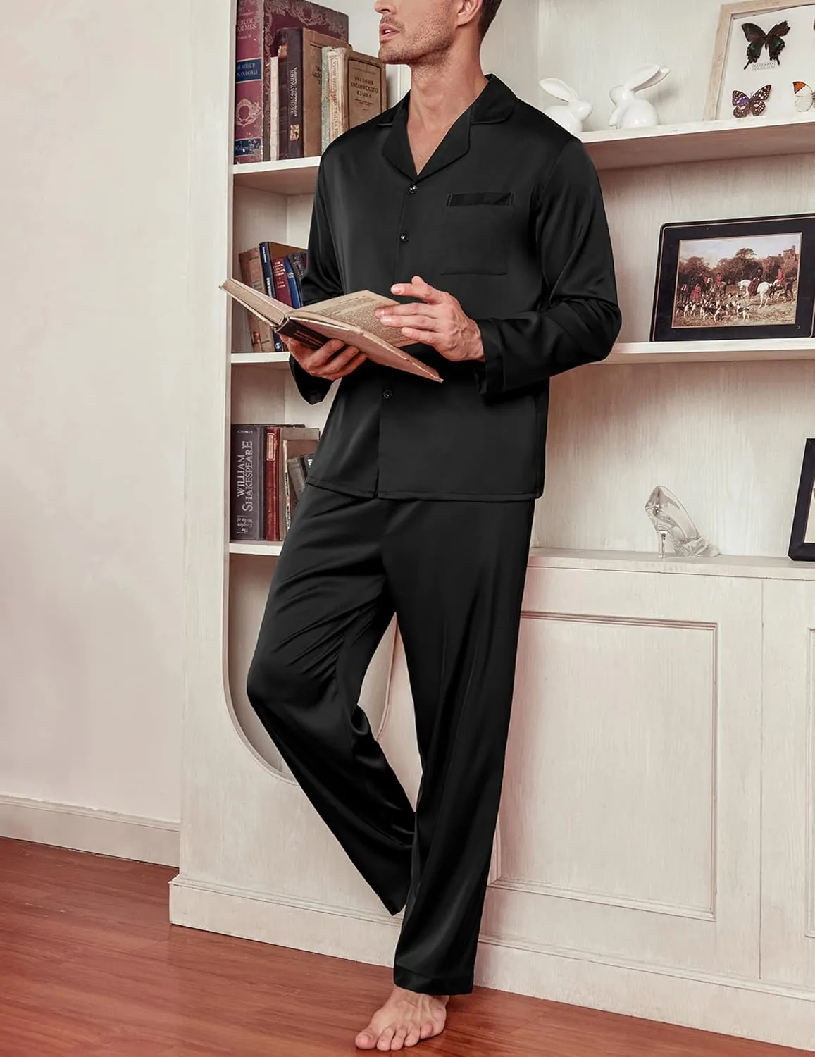 Ekouaer Men's Silk Pajama Set Long Satin Loungewear 2 Piece Pjs Classic Button Down Sleepwear S-XXL