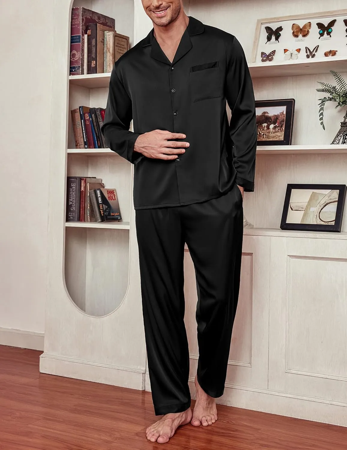 Ekouaer Men's Silk Pajama Set Long Satin Loungewear 2 Piece Pjs Classic Button Down Sleepwear S-XXL