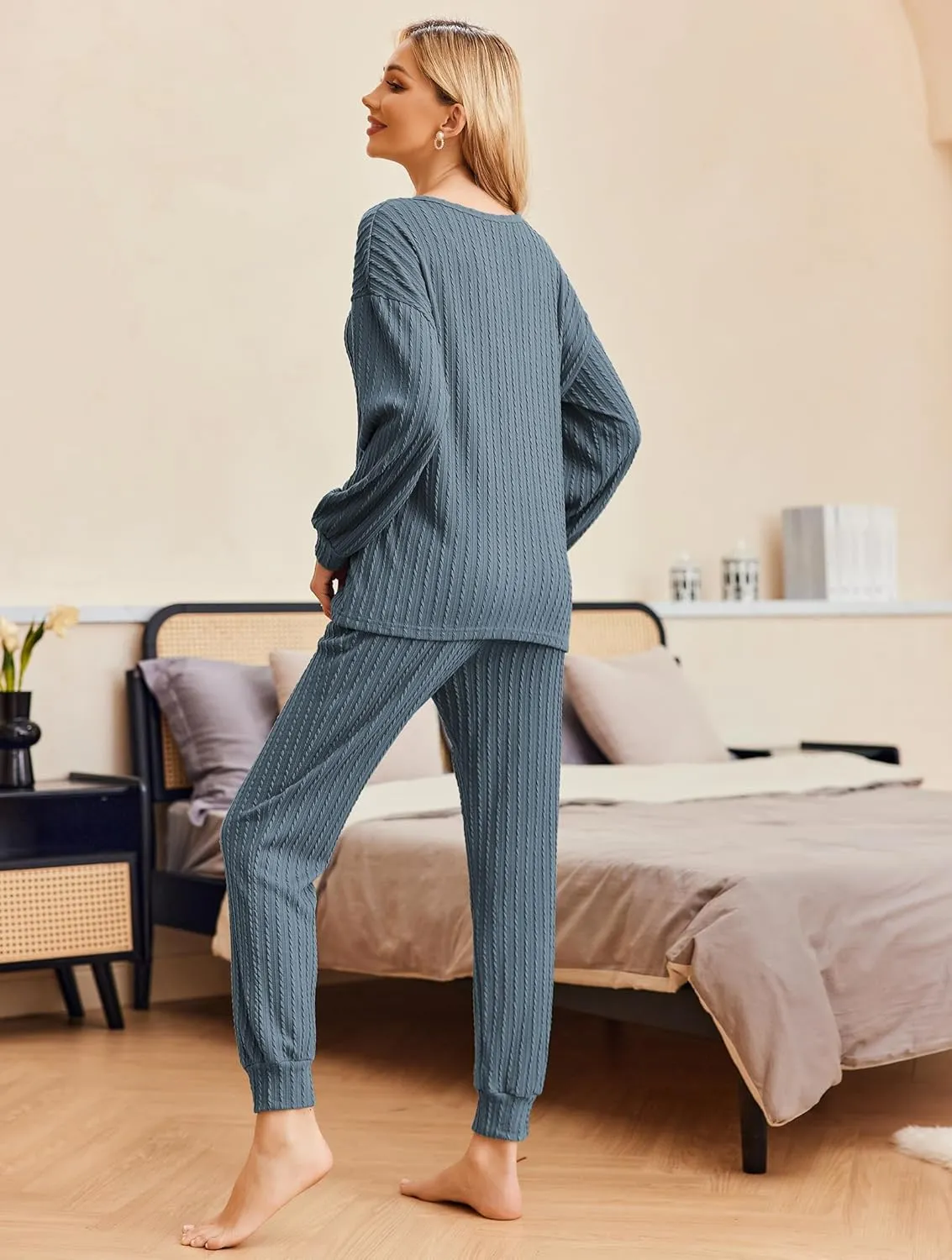 Ekouaer Womens Pajamas Set Ribbed Knit Long Sleeve Pullover Top Jogger Pants Set 2 Piece Lounge Set Sleepwear Tracksuit S-XXL