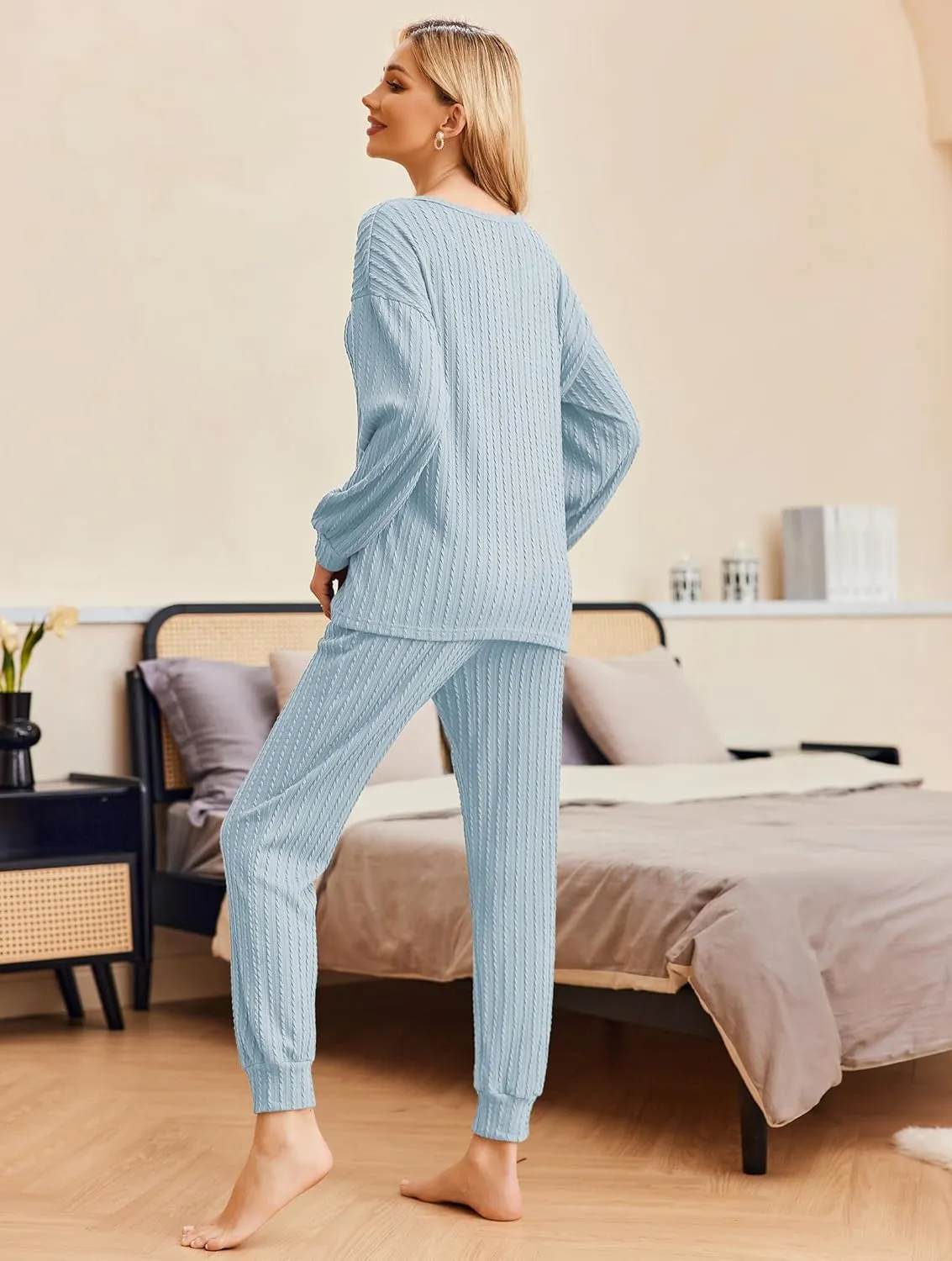Ekouaer Womens Pajamas Set Ribbed Knit Long Sleeve Pullover Top Jogger Pants Set 2 Piece Lounge Set Sleepwear Tracksuit S-XXL