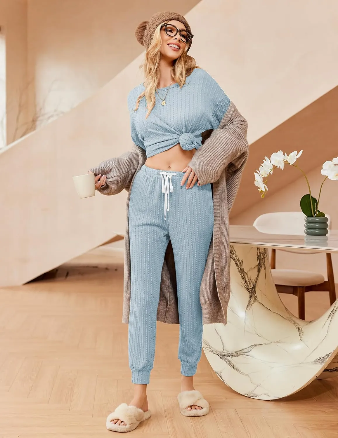 Ekouaer Womens Pajamas Set Ribbed Knit Long Sleeve Pullover Top Jogger Pants Set 2 Piece Lounge Set Sleepwear Tracksuit S-XXL