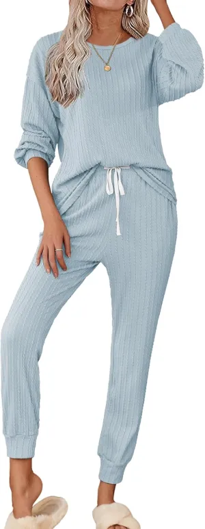Ekouaer Womens Pajamas Set Ribbed Knit Long Sleeve Pullover Top Jogger Pants Set 2 Piece Lounge Set Sleepwear Tracksuit S-XXL