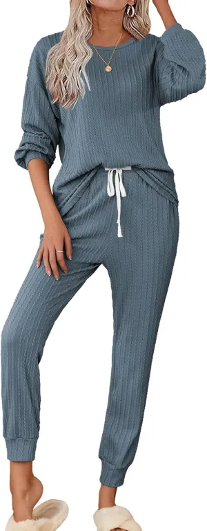 Ekouaer Womens Pajamas Set Ribbed Knit Long Sleeve Pullover Top Jogger Pants Set 2 Piece Lounge Set Sleepwear Tracksuit S-XXL