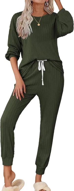Ekouaer Womens Pajamas Set Ribbed Knit Long Sleeve Pullover Top Jogger Pants Set 2 Piece Lounge Set Sleepwear Tracksuit S-XXL
