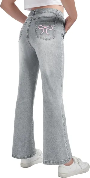EXARUS Girls Wide Leg/Flare Jeans Bow Embroidery/Leopard Print Denim Pants with Pockets Casual for Kids 6-14Y