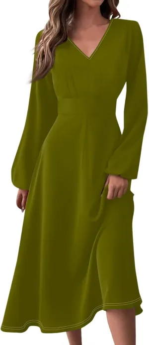 Fall Dresses for Wedding Guest Women Long Sleeve Wrap V Neck Ruffle Belted A-Line Flowy Midi Dresses