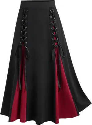 Firzero Gothic Skirt for Women Steampunk Gothic Skirt High Slit Pleated Long Maxi Skirts High Waist Punk Goth Skirts