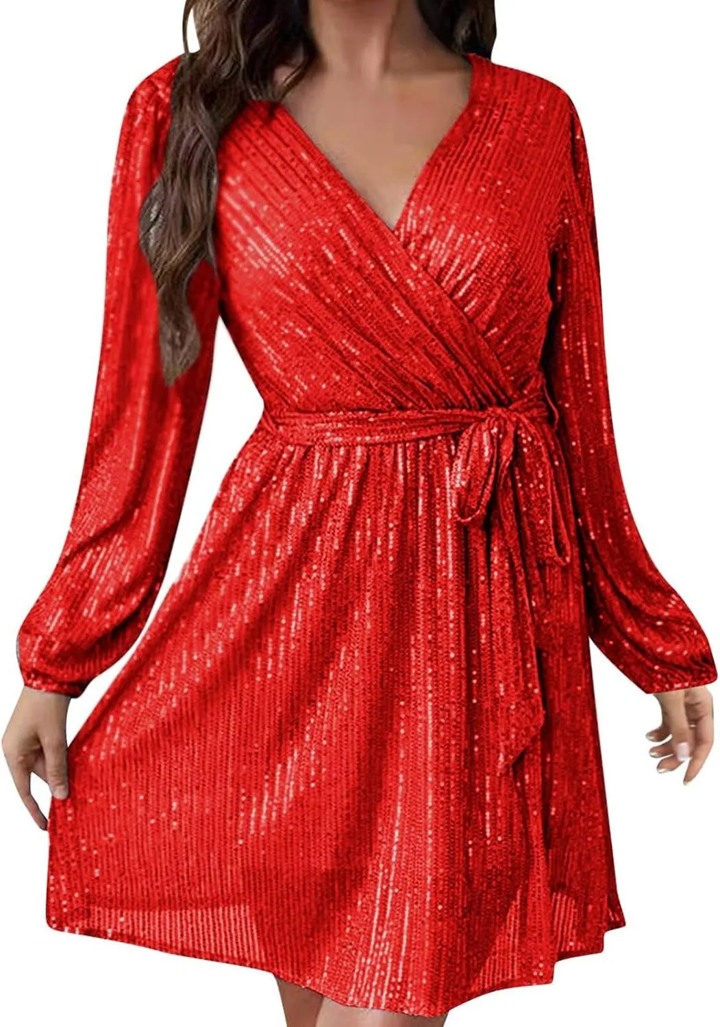 Firzero Plus Size Formal Dresses for Women 2024 Trendy Sequin Evening Party Dresses Sexy Lantern Sleeve V Neck Dresses Belt
