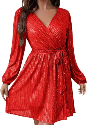 Firzero Plus Size Formal Dresses for Women 2024 Trendy Sequin Evening Party Dresses Sexy Lantern Sleeve V Neck Dresses Belt