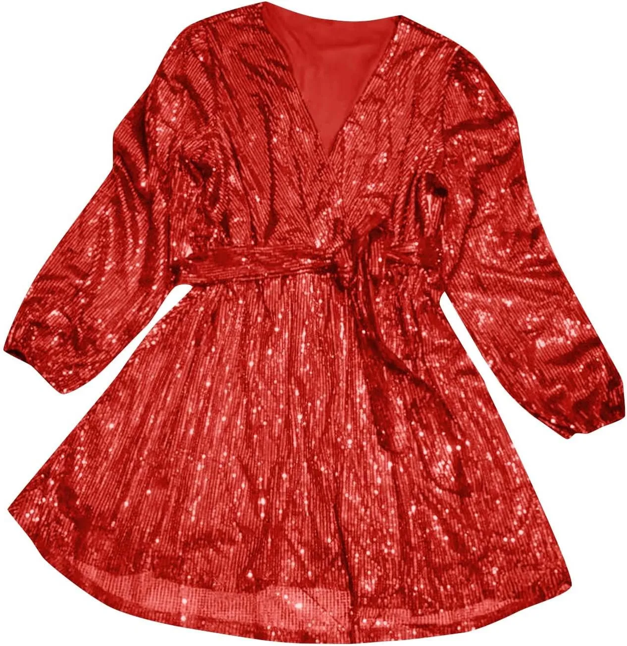 Firzero Plus Size Formal Dresses for Women 2024 Trendy Sequin Evening Party Dresses Sexy Lantern Sleeve V Neck Dresses Belt