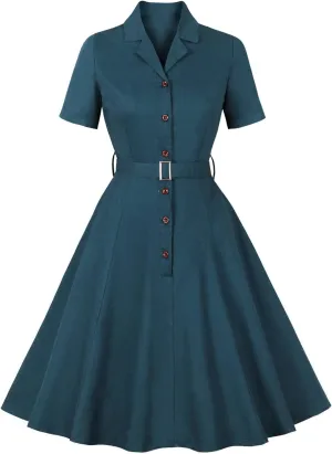Firzero Women Vintage 1940s Dress Retro 40s 50s Button Business Work A Line Cocktail Dress Bowknot Long Sleeve Formal Dress
